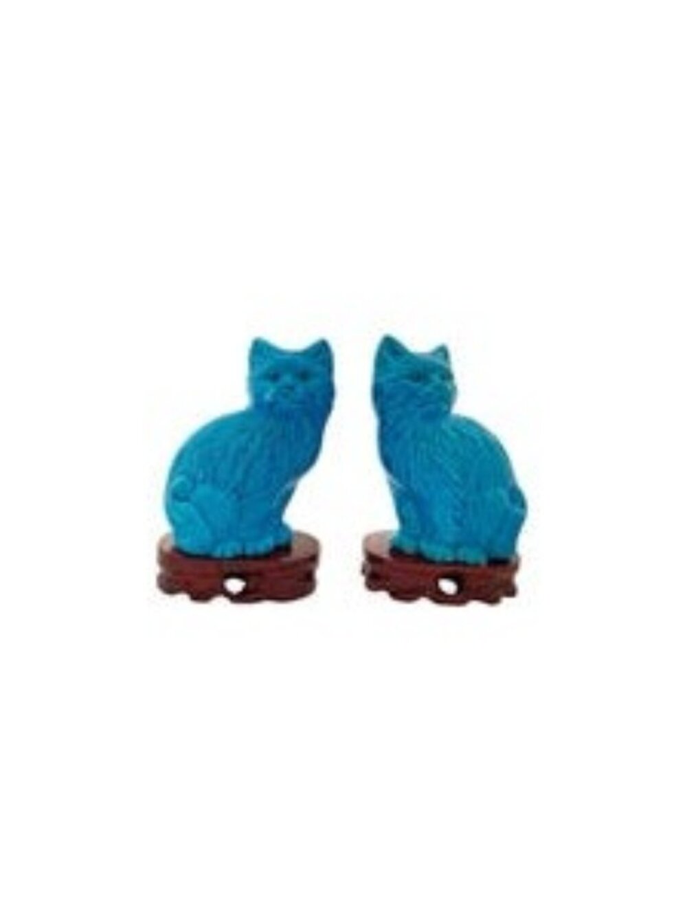 Cat Figurine Pair Turquoise Blue Porcelain with Wooden Bases Vintage Chinese Dec